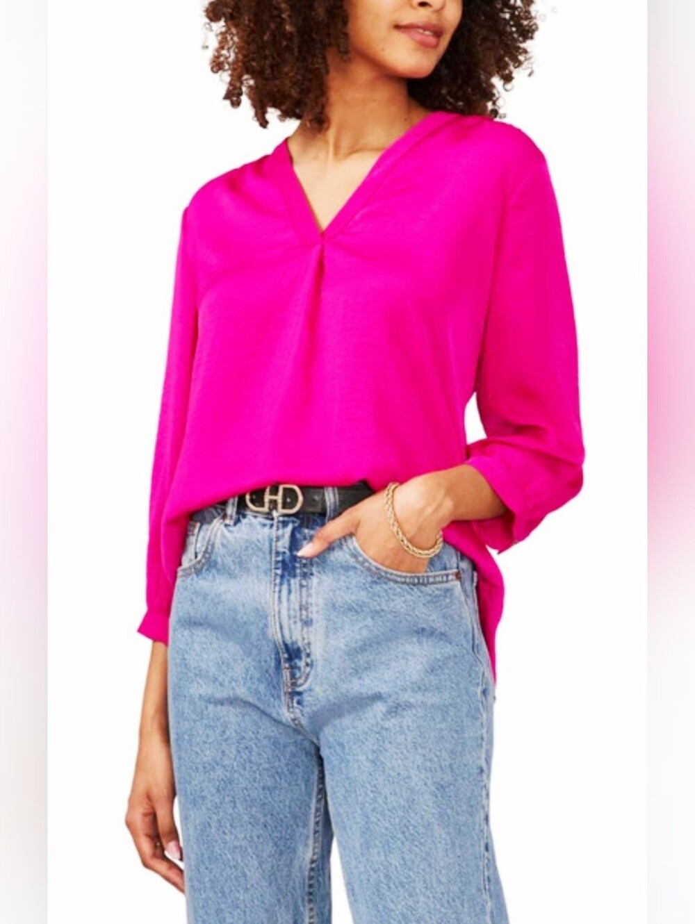 Vince CAMUTO Charming V-Neck Blouse in Bright Pink - Women's Top